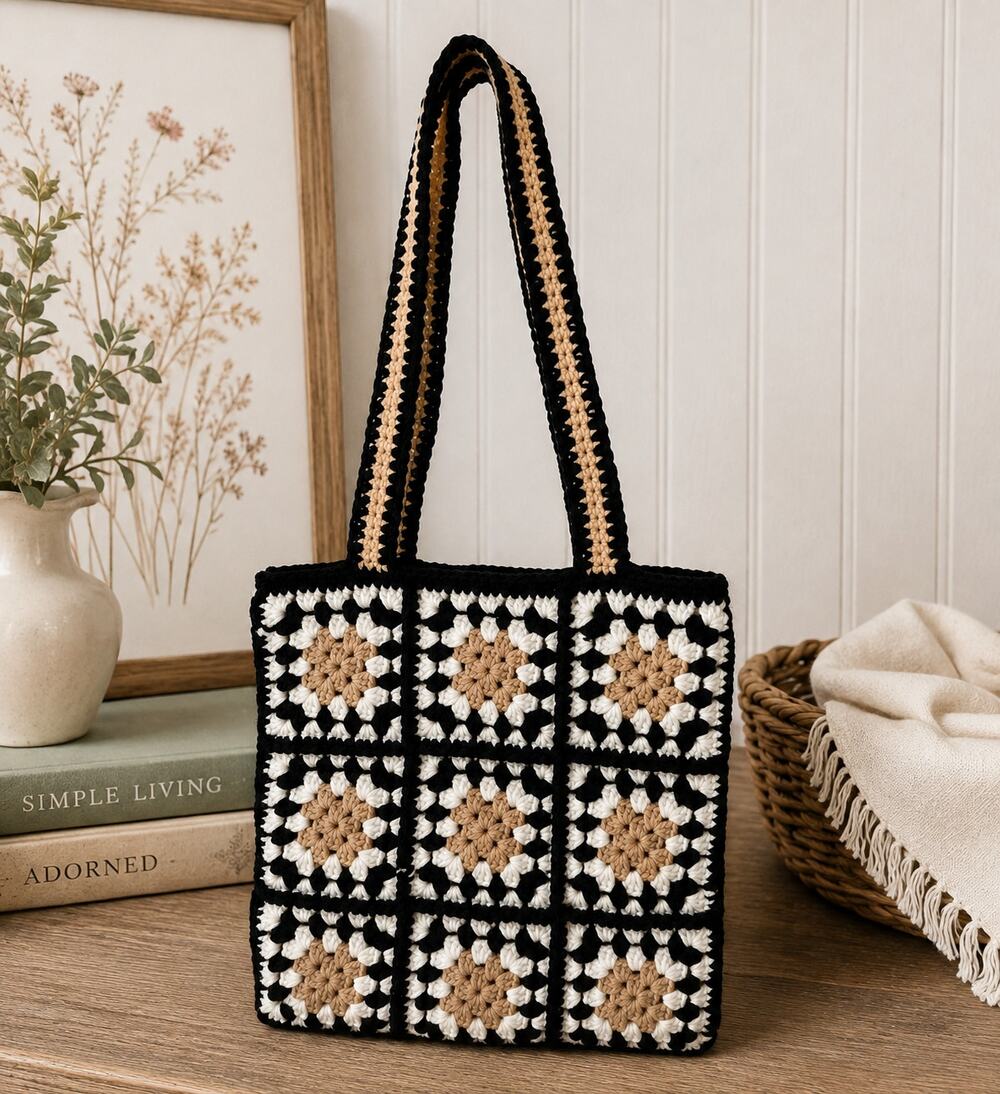 Handmade Crochet Granny Square Tote Bag Black Tan Cream Shoulder Purse Boho